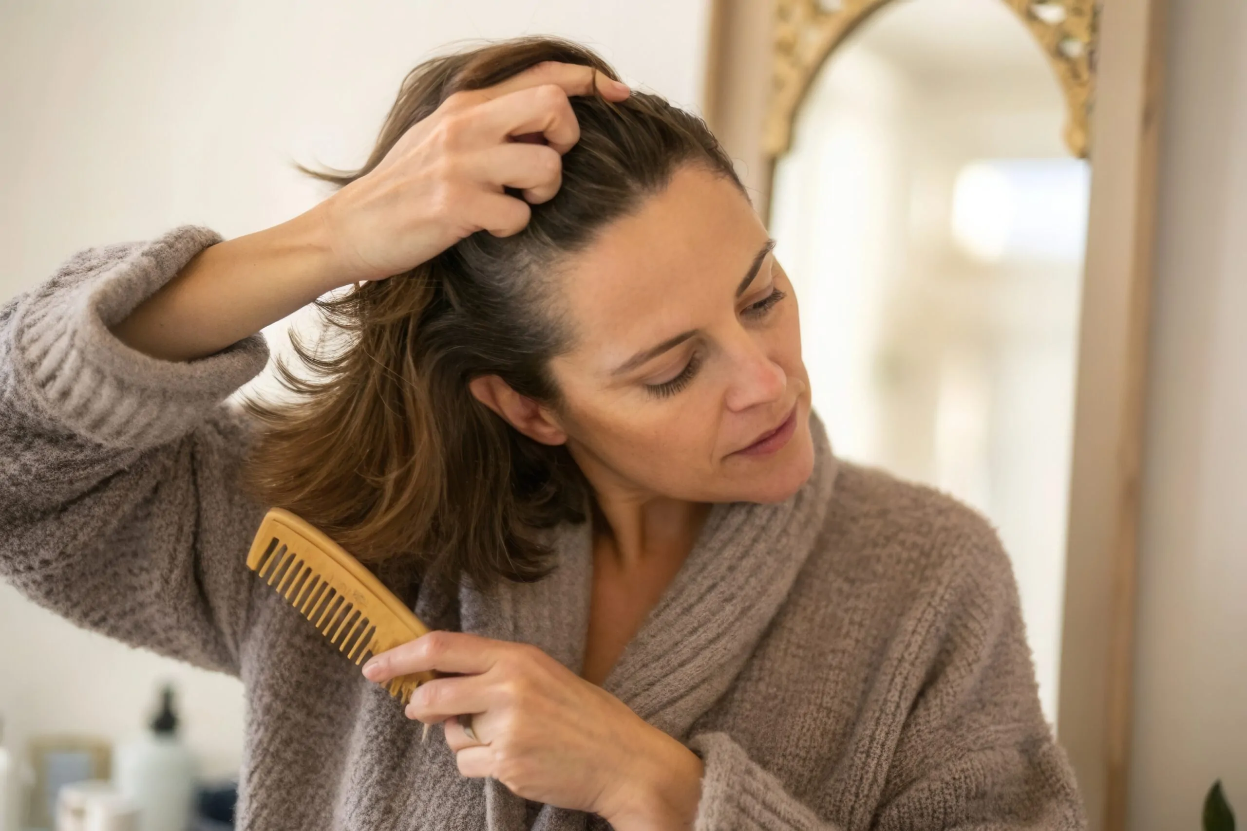 A woman is carefully combing her hair in a warmly decorated bathroom. The soft lighting enhances the serene atmosphere as she focuses on her grooming routine, showcasing her dedication to self care.