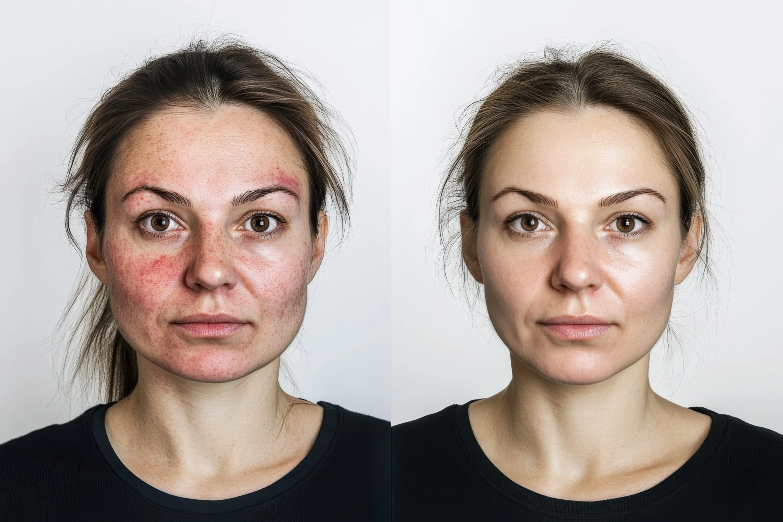 Before and after comparison of a European woman with severe facial redness and skin imperfections, transformed into clear, flawless skin with skincare or cosmetic treatment Before and after comparison of a European woman with severe facial redness and skin imperfections, transformed into clear, flawless skin with skincare or cosmetic treatment